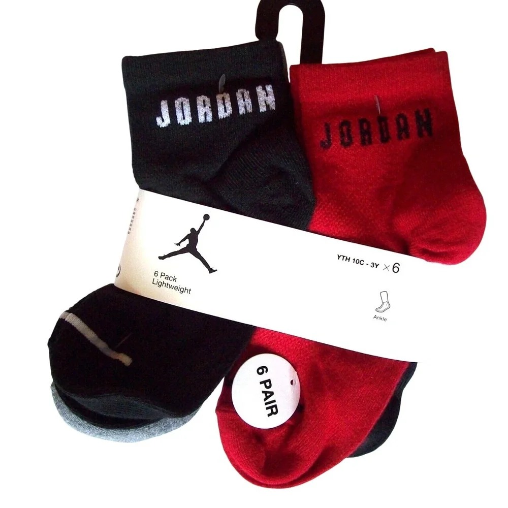 Nike Jordan Ankle Socks Kids Medium Red Black White New 6 Pack Lightweight